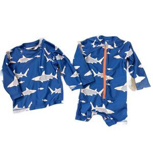 Lot of 2 Tea Swimsuit Baby Size 9-12 Months Blue White Shark Print Rashguard
